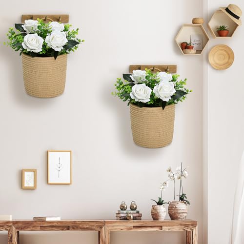 Nagobi Artificial Roses Flowers with Jute Hanging Basket Pack of 2, Faux Flannel Floral Eucalyptus Arrangement for Entryway Kitchen Bedroom Living Room Home Decorations - White