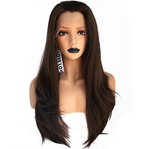 Anogol Hair Cap+ Brown Lace Front Wigs for Black Women Synthetic Lace Front Wigs for White Women Long Wavy Lace Front Wig Free Part Dark Brown Lace Front Wig