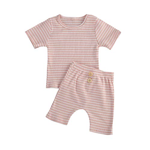 Toddler Baby Boy Girl Casual Outfit Cotton Short Sleeve Striped T-Shirt Top Elastic Shorts Pants 2Pcs Summer Clothes (Pink, 3-4T)