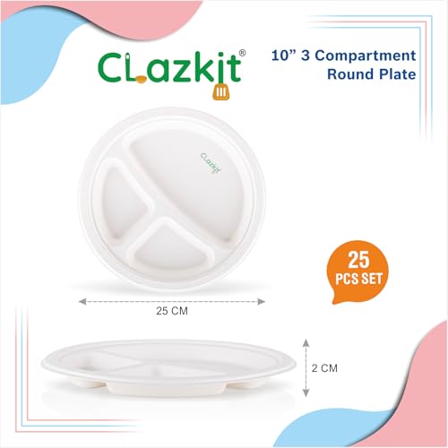 Image of Clazkit 10 Inch 25 Pack, 3-Compartment Disposable Bagasse Plates | Eco-Friendly, Biodegradable, Sugarcane Paper Plates | for Serving Dinner | Birthday, Wedding & Party | Round, White