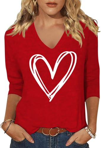 Image of Woffccrd Womens 3 /4 Sleeve V Neck T-Shirts Valentina's Day Spring Shirts Love Heart Printed Graphic Tees
