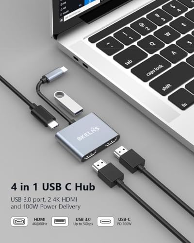 Image of USB C to Dual HDMI Adapter 4K 60hz, Type C to HDMI Splitter for 2 Monitors, 4 in 1 USB C Hub 2HDMI, USB 3.0, 100W PD, Extended Display for MacBook Air /Pro Thunderbolt 4, Multiport Two Screen Dongle