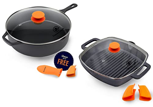 CountryCook Sartén de hierro fundido pre-sazonada con tapa de cristal, apta para gas e inducción, utensilios de cocina resistentes (multi, sartén de parrilla de 26 cm y sartén de 30 cm de profundidad)