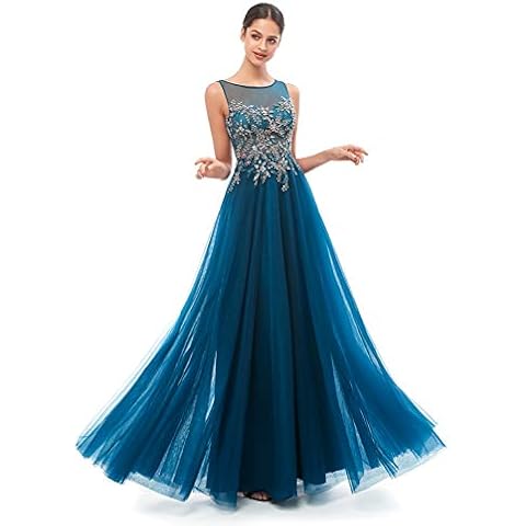 Leyidress Blue Chiffon Sleeveless A-line Evening Dress Bead Formal Dress Floor Lenght Prom Dresses 26W Cover