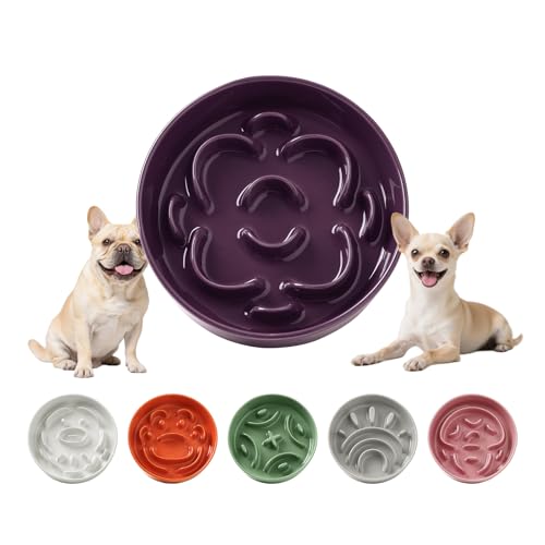 Anti-Schling-Futternapf Hund Keramik - Labyrinth Fressnapf für Trockenfutter & Nassfutter - Langsames Fressen für Kleine Hunde - 80 g - 16 cm - Lila
