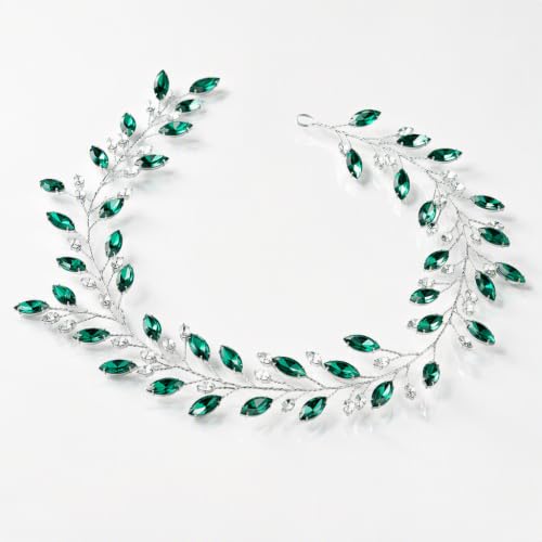 Aswewamt Green Crystal Bridal Hair Vine Leaf Headpiece Silver Headband