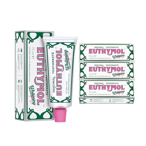 Euthymol Whitening Toothpaste 75ml x 3 Contains Fluoride Non-GMO Gluten Free Plaque Removal Cavity Protection Antibacterial White Clean Teeth Freshens Breath Refreshing Dental Care