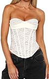 Women Elegant Strapless Lace Sweetheart Cupless Corset Tank Top Cute Going Out for Country Concert Fairy Wedding Bride Outfits Burlesque Disfraz Cowgirl Halloween Costume Dance Clothes,White,Small
