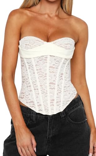 Women Elegant Strapless Lace Sweetheart Cupless Corset Tank Top Cute Going Out for Country Concert Fairy Wedding Bride Outfits Burlesque Disfraz Cowgirl Halloween Costume Dance Clothes White Small