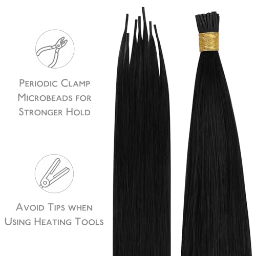 Image of WENNALIFE I Tip Hair Extensions Real Human Hair, 100g 200s 16 Inch Jet Black Remy Itip Human Hair Extensions Invisible Itips Straight I Tips Cold Fusion Extensions