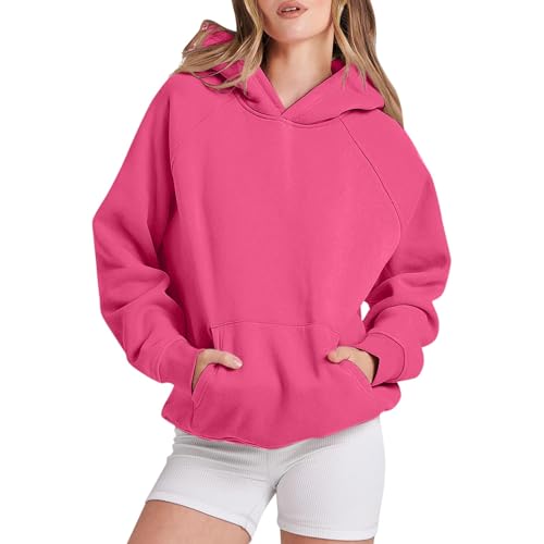 Image of Generisch Pullover Women's Basic Fleece Letter Loose Hoodie Sweatshirt Long Sleeve Pocket Drop Shoulder Pullover Top Hoodies Teenager Girl, Hot Pink, S