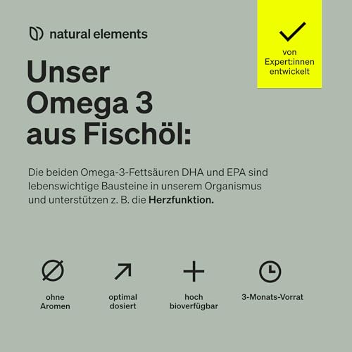natural elements Omega 3 – 180 Kapseln – 2000mg Fischöl pro Tagesdosis – Triglycerid-Form mit EPA und DHA – Laborgeprüft, aufwendig aufgereinigt und aus Anchovis aus Peru