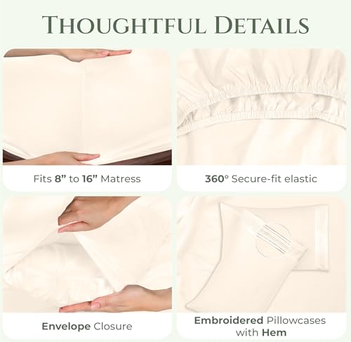 Image of ROYALE LINENS 100% Organic Cotton King Sheet Set - 16 inch Deep Pocket Bed Sheets - Eco Friendly Cream Bed Sheets - Sabanas King - 1 Flat, 1 Fitted & 2 Pillowcases - Cream Sheet Set - Cotton Bedding Sets
