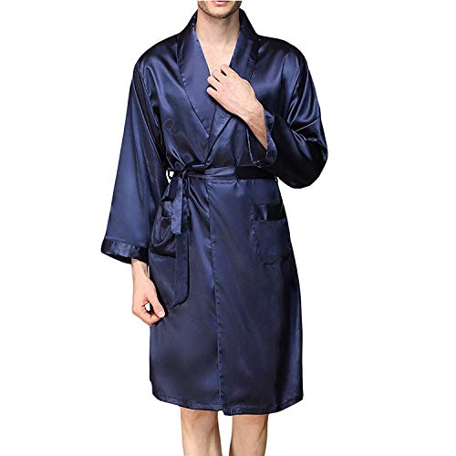 Men's Summer Luxurious Kimono Soft Satin Robe Long-Sleeve Nightgown Printed Pajamas Bathrobes Navy, Large/X-Large3
