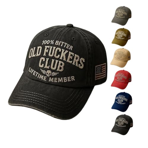 Old Fuckers Club-Vintage Baseball Cap, 100% Bitter Lifetime Member, Handgefertigte Stickerei Baseball Cap, Verstellbare Distressed Schwarze Lustige Mütze, Schwarz , 1