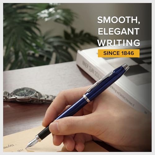 Image of Cross Century II Fountain Pen - Stainless Steel M Nib - Black Ink - Includes Premium Gift Box - Translucent Blue Lacquer with Chrome Plated Fittings