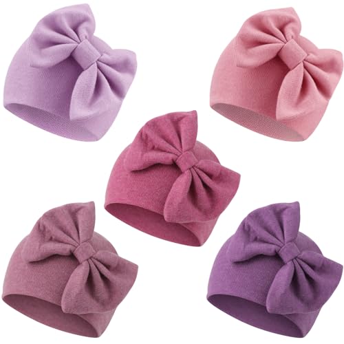 Image of AQOKKA Newborn Baby Girl Hats with Bow Cotton Toddler Infant Beanie Cap Newborn Hospital Hats for Baby Girl Kid 0-24 Months