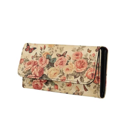 Retro Roses Floral Wallet for Women Snap Closure Butterfly Pink Roses Long Trifold Handbag, Vintage Countryside Style PU Leather Clutch Wallets with Card holders