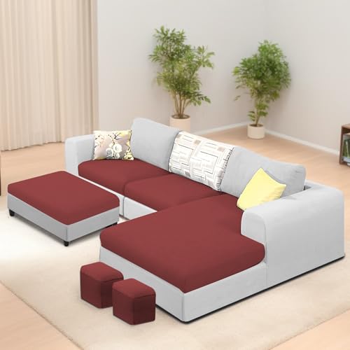 Image of Koza RHS 4 Seater L Shape Sofa Set with Center Table for Living Room (Maroon Grey Fabric) Premium Fabric Sofa