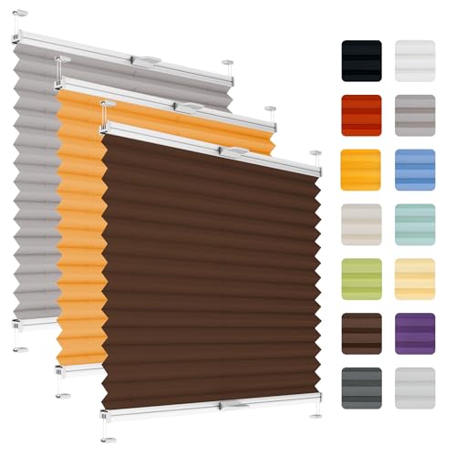 Fenster Plissee ohne Bohren zum Kleben auf Rahmen - Thermo Plisseerollo Innen - Rollo Jalousie, auf den Fensterrahmen, Faltrollo, Sichtschutz, Blickdicht, für Fenster & Tür - Braun, 60 x 110 cm