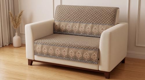 Image of KINGLY Sofa Cover 5 Seater 3+2 Velvet Full Cover - Italian Mousse | Fully covered quilted velvet slipcover, washable anti-slip thick furniture protector for 3+2 living room sofa