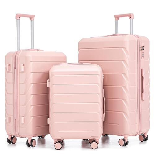 Merax 3-Piece ABS Hardshell Luggage Set – Lightweight, Tough & Scratch-Resistant, Pink Horizontal Stripe, 20/24/28 Inch