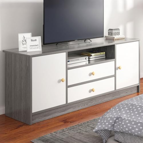Mueble de TV Nórdico con 4 Puertas y Estante Abierto,Mesa TV Salón para TV Hasta 65 Pulgadas,Soporte Bajo Moderno para Salón y Dormitorio 140 * 29 * 54CM
