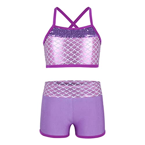 Image of Agoky Kids Girls 2PCS Sports Outfits Ballet Gym Sequins Mermaid Tank Top Shorts Set Tankini Swimwear Gymnastics Tracksuit