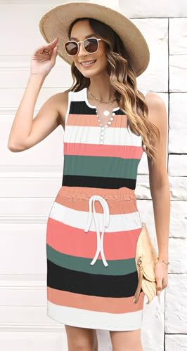 Image of ETCYY Womens Summer Casual Dresses Sleeveless Beach Vacation Sundresses Drawstring Waist Short Striped Dress with Pockets