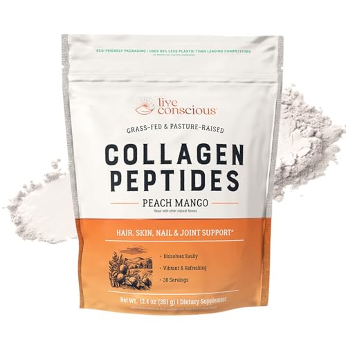 Live Conscious Collagen Peptides Powder - Peach Mango Flavored Collagen Powder - Hair, Skin, Nail, & Joint Support - Type I & III Grass-Fed Collagen Supplements for Women and Men - 30 Servings - 13oz