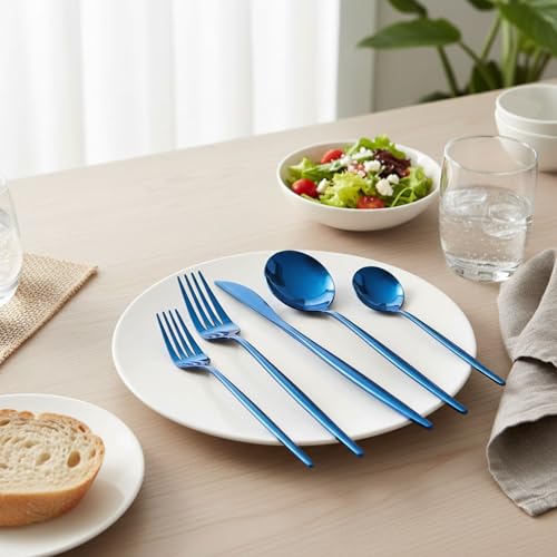 Image of Slim Handle Blue 10 Pcs Stainless Steel Cutlery Set for Dining Table, Dishwasher Safe Glossy Flatware (2 Spoon Set+2 Forks Set+2 Butter Knife+2 Dessert Spoon+ 2 Fruit Fork)