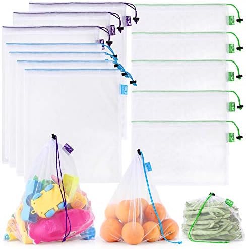 SPLF 12 Pcs Heavy Duty Reusable Mesh Produce Bags, Barcode Scanable See Through Food Safe Mesh Bags with Drawstring for Fruits, Vegetable, Food, Toys, Grocery Storage, Large Medium Small
