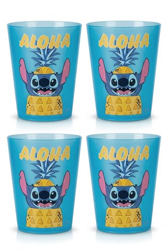 Image of Disney Stitch Plastic Drinking Glasses, Dishwasher Safe, 4-Pack | 16 oz, unbreakable, reusable, BPA-free, stackable to save space, great for water, juice, and family meals