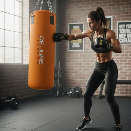 Image of De Jure Fitness Heavy Duty 2 Ft Punching Bag with Rust-Proof Stainless Steel Hanging Chain | Durable Polyester Fabric | Comfortable Recycled Filling | Boxing MMA, Kickboxing - Orange, 2 Ft