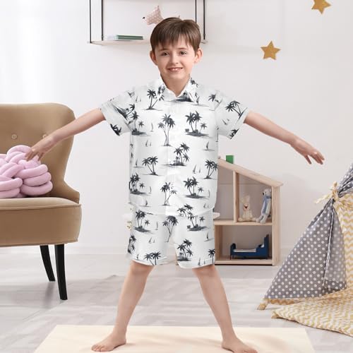 Image of Sunflower Floral Yellow Black Short Sleeve Hawaiian Button Down Shirts and Short Sets for Boys Toddler Summer Outfits