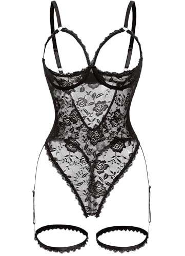 Women Sexy Floral Lace Teddy Lingerie Garter Belt Backless Bodysuit Set - image 7