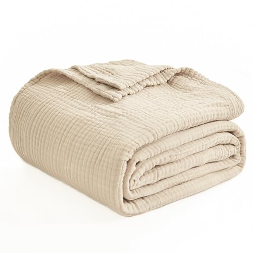 EMME Cotton Muslin Blanket Twin XL - 66"x90" Lightweight Breathable Layering Blanket Bedspread Coverlet All Season Gauze, Light Tan
