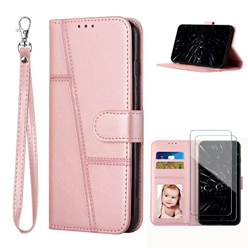 xinyunew Coque pour Sony Xperia 1V,Etui Protection Housse Premium en Cuir PU Pochette,Fermeture Magnétique Flip Case + 2 Pièces Verre Trempé (Or Rose)