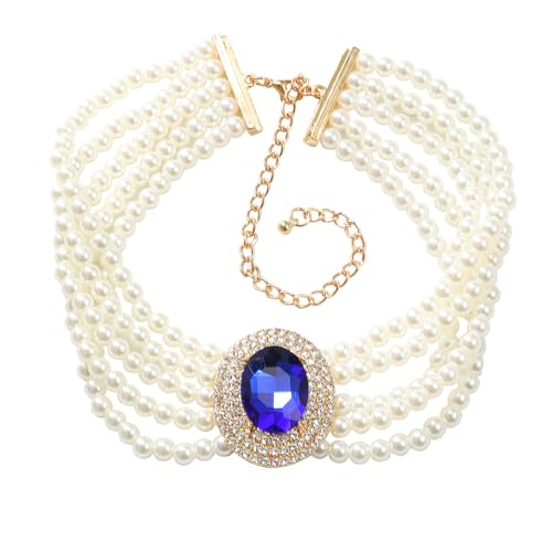 Women Multilayer 1920s Green Blue Silver Rhinestone Necklaces Dainty Pearls Layered Choker Necklaces Fashion Chunky Pearls Pendant Multilayer Adjustable Layering Necklaces for Women