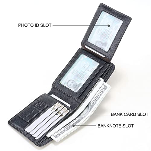 Image of Mens Trifold Leather RFID Blocking Wallet with 2 ID Windows 2 Cash Compartments 6-8 card slots 2-3 inside slots Large Capacity Wallet