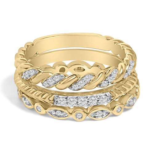 14K Yellow Gold Plated Sterling Silver 1/4 Cttw Diamond Twist Leaf Stackable Ring Set - Size 7