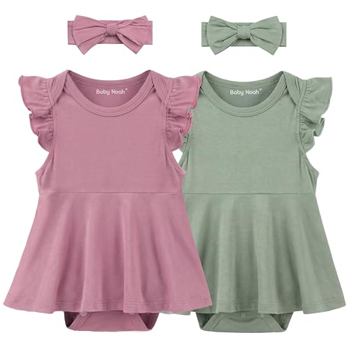 Image of 2 Pack Baby Girl Bodysuit Flutter Sleeves Dress, Cute Ruffle Romper Outfit with Headband, Newborn Infant Pajamas 0-12 Months