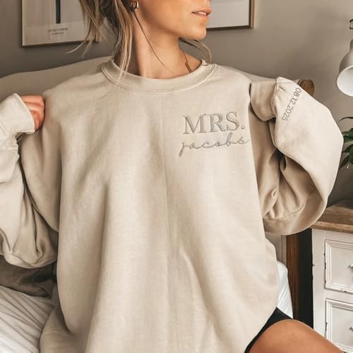 Personalized Embroidered Mr & Mrs Sweatshirt With Date On Sleeve, Custom Mr & Mrs. Sweatshirt, Gift For Bride, Future Mrs. and Mr. Hoodie, Engagement Gift, Bride Groom Gift, Matching Couples Hoodie 14