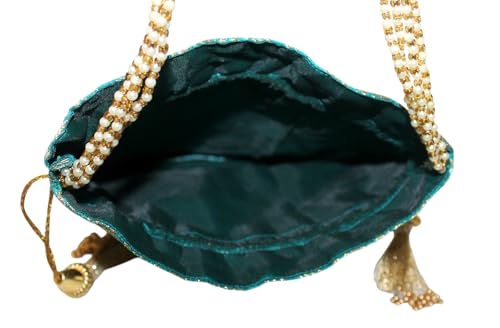 Image of MILAN'S CREATION Banarasi Silk Brocade Potli Bag Purse With Base Drawstring Women's handbag with Pearl Handle & Tassel Weddings
