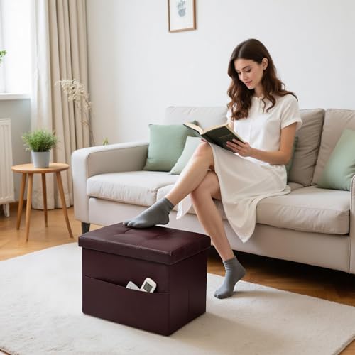 Image of Bsketa Storage Ottoman Bench,16 Inch Folding Leather Foot Rest Stool, Brown | Small Ottoman with Side Pockets, Thicker Foam Padded Seat, Livingroom, Dorm, Bedroom, Easy to install, 38L,16x12x12in
