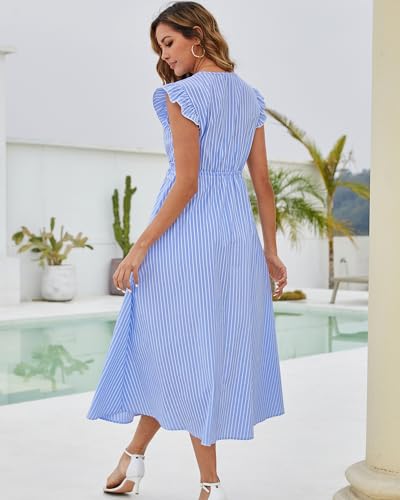 Bsubseach 2025 Cap Sleeve Cover Up Women Striped V Neck Beach Maxi Dress Drawstring Bathing Suit Coverups Swimwear3