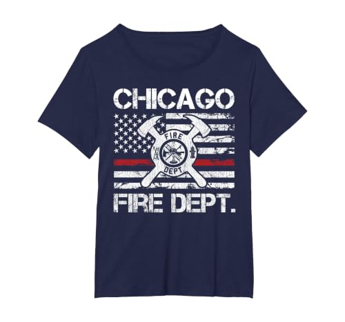 Chicago Illinois Fire Department Thin Red Line Fireman T-Shirt, Women's Plus, Navy Blue, 2X