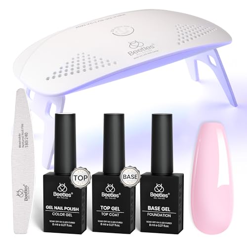 Beetles Nude Pink Gel Nail Polish Kit with UV LED Light Nail Lamp 6 Pcs Starter Kit Base Gel Top Coat Soak Off Nude Pink Polish Set with Nail File for DIY Manicure Gifts for Women