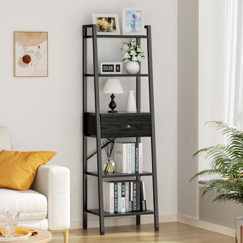 Image of Furologee 5 Tier Bookshelf, Ladder Shelf with Drawer, Tall and Narrow Bookcase, Storage Shelves Organizer,Industrial Display Standing Units for Bathroom,Kitchen,Bedroom,Living Room,Black Oak