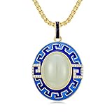 JKR Natural Jade Necklace Gold Plated Sterling Silver Enamel Greek Key Pendant Necklace Oval Vintage
